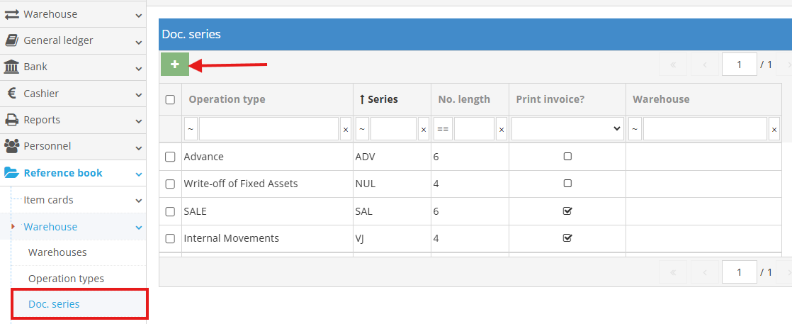 Document series settings in warehouse reference book