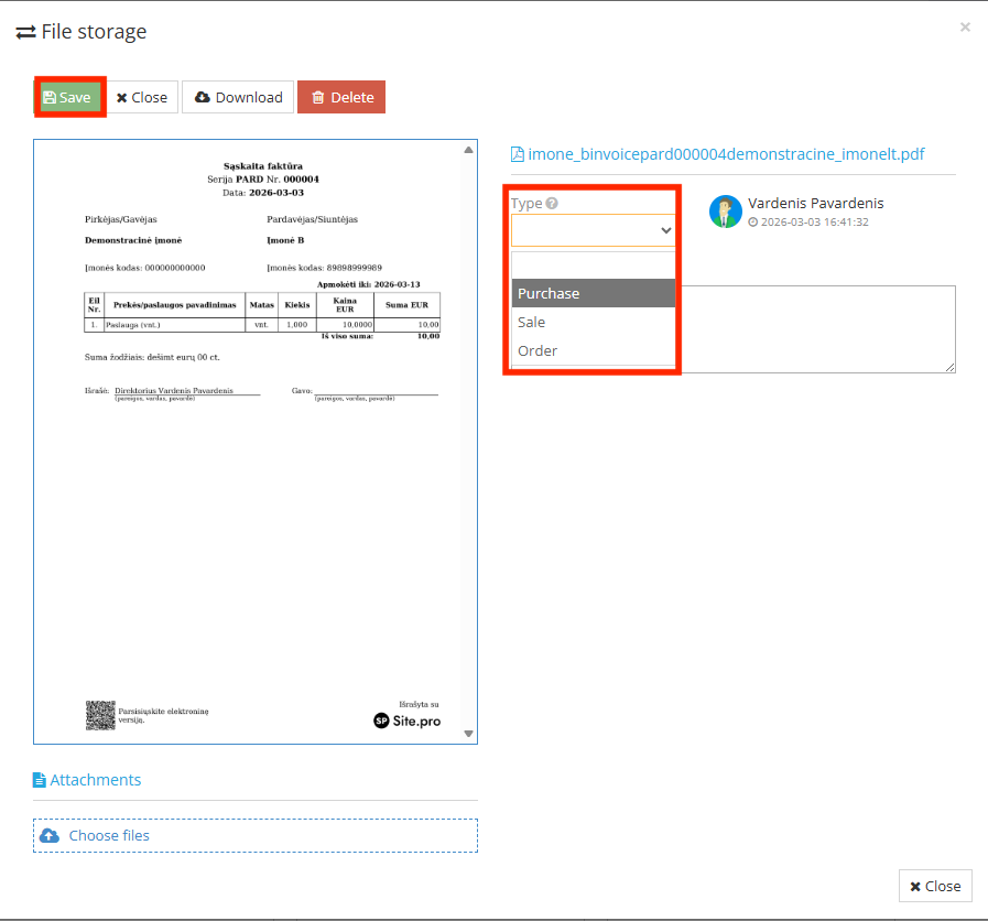 Selecting the document type before transferring