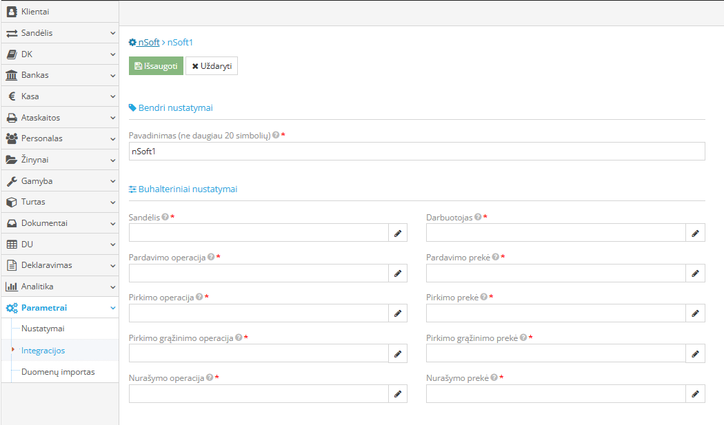 nSoft integracijos nustatymų langas su paslaugos užsakymo laukais