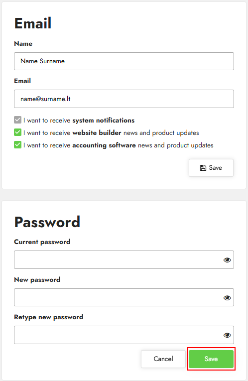 Slaptažodžio keitimo langas