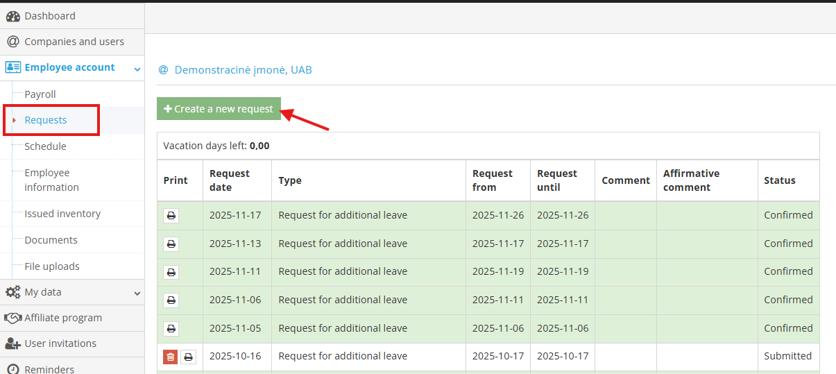Create new request button