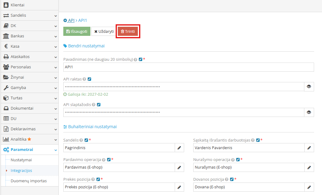 API rakto trynimo instrukcija integracijose