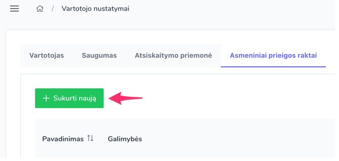Sukurti naują asmeninį prieigos raktą