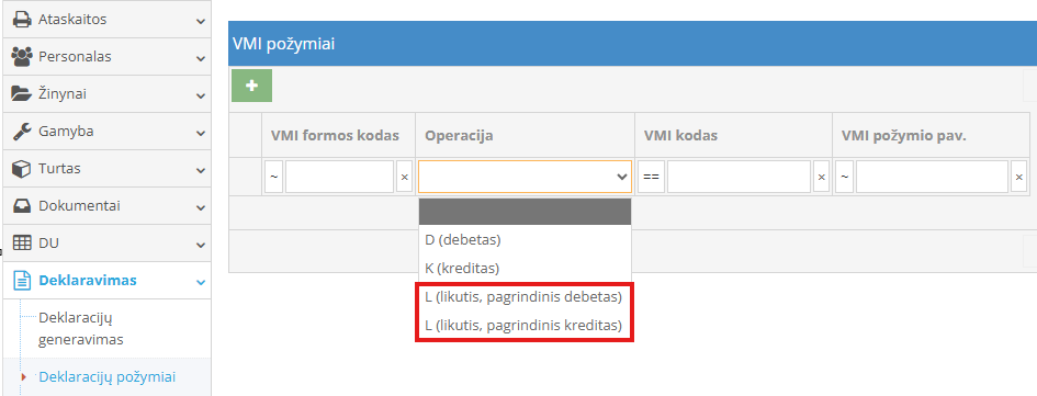 VMI požymio operacijos parinkimas