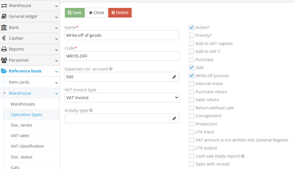 Goods write-off operation